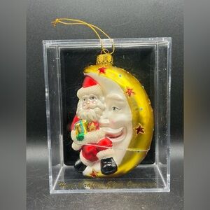 Unique Treasure Glass Santa Claus Moon Hand Crafted Christmas Holiday Ornament
